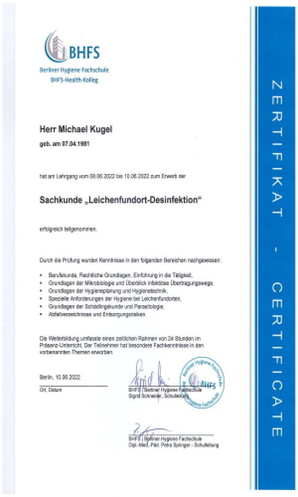 Tatortreinigung Zertifkat